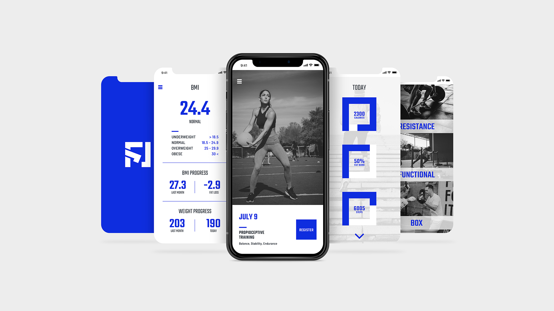 Application design screens with a girl doing exercise and throwing a ball.